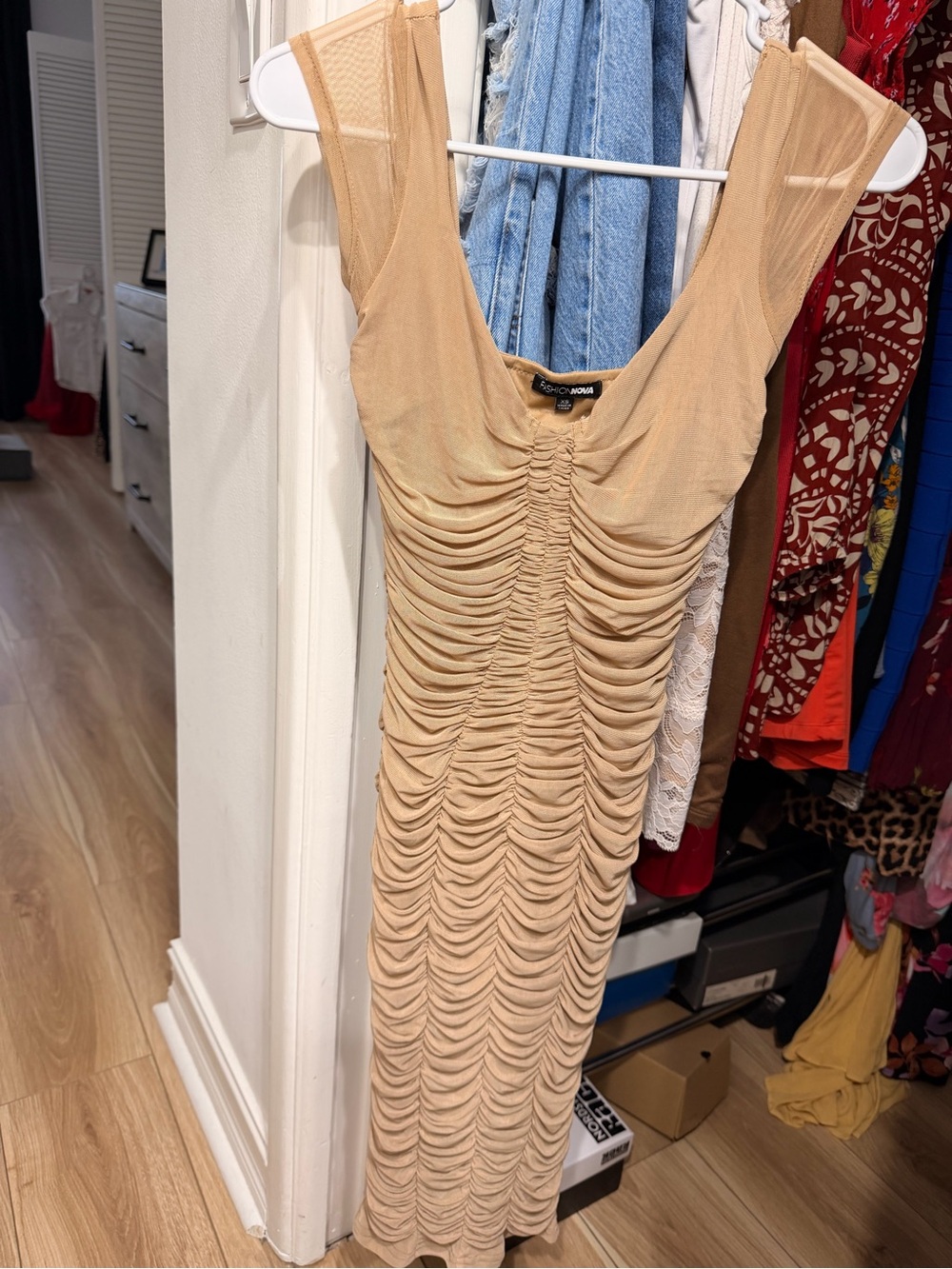 Fashion Nova Nude Beige Ruched Midi Dress